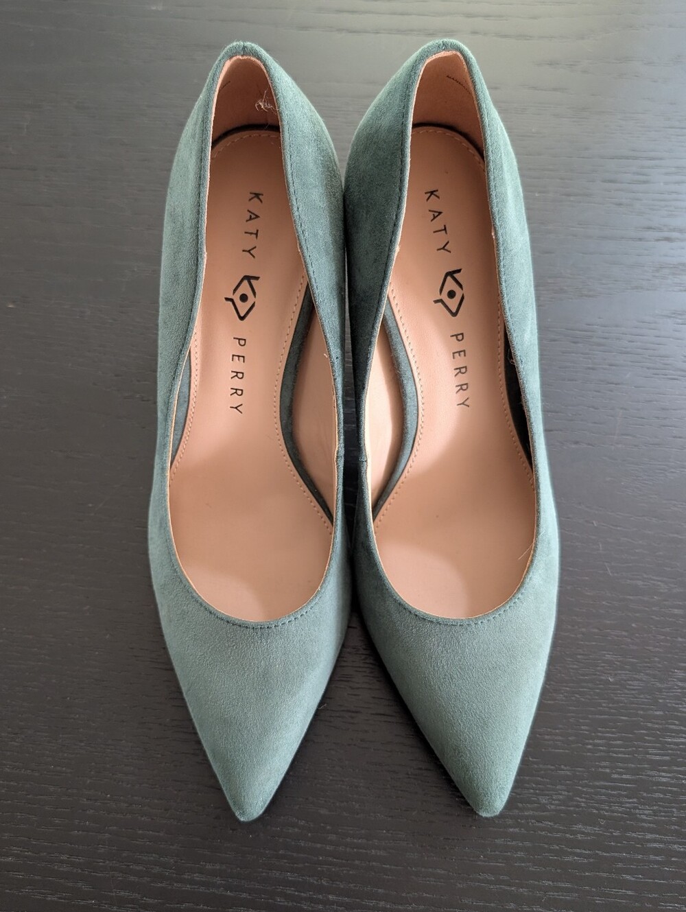 Katy Perry Collections Sage Green Suede Pumps with Gold Cylindrical Heel - Picture 3 of 5